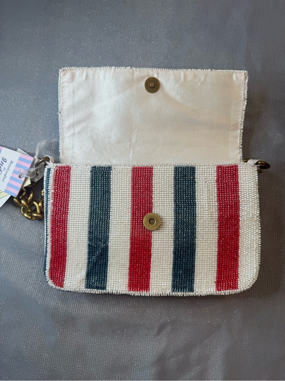 Viral Beaded Bag! NWT Made in India Red White Blue Stripes Chain Shoulder Bag - Picture 8 of 11